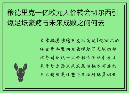穆德里克一亿欧元天价转会切尔西引爆足坛豪赌与未来成败之问何去
