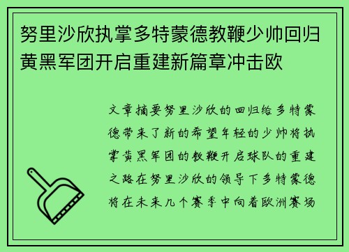 努里沙欣执掌多特蒙德教鞭少帅回归黄黑军团开启重建新篇章冲击欧 努里沙欣执掌多特蒙德教鞭少帅回归黄黑军团开启重建新篇章冲击欧