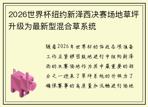 2026世界杯纽约新泽西决赛场地草坪升级为最新型混合草系统